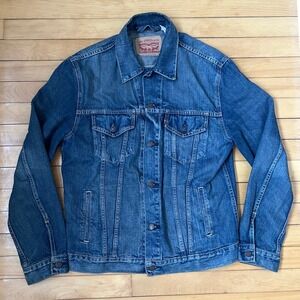 Levis Mens Denim Trucker Jacket Medium Wash Blue Cotton Button Front Coat Large